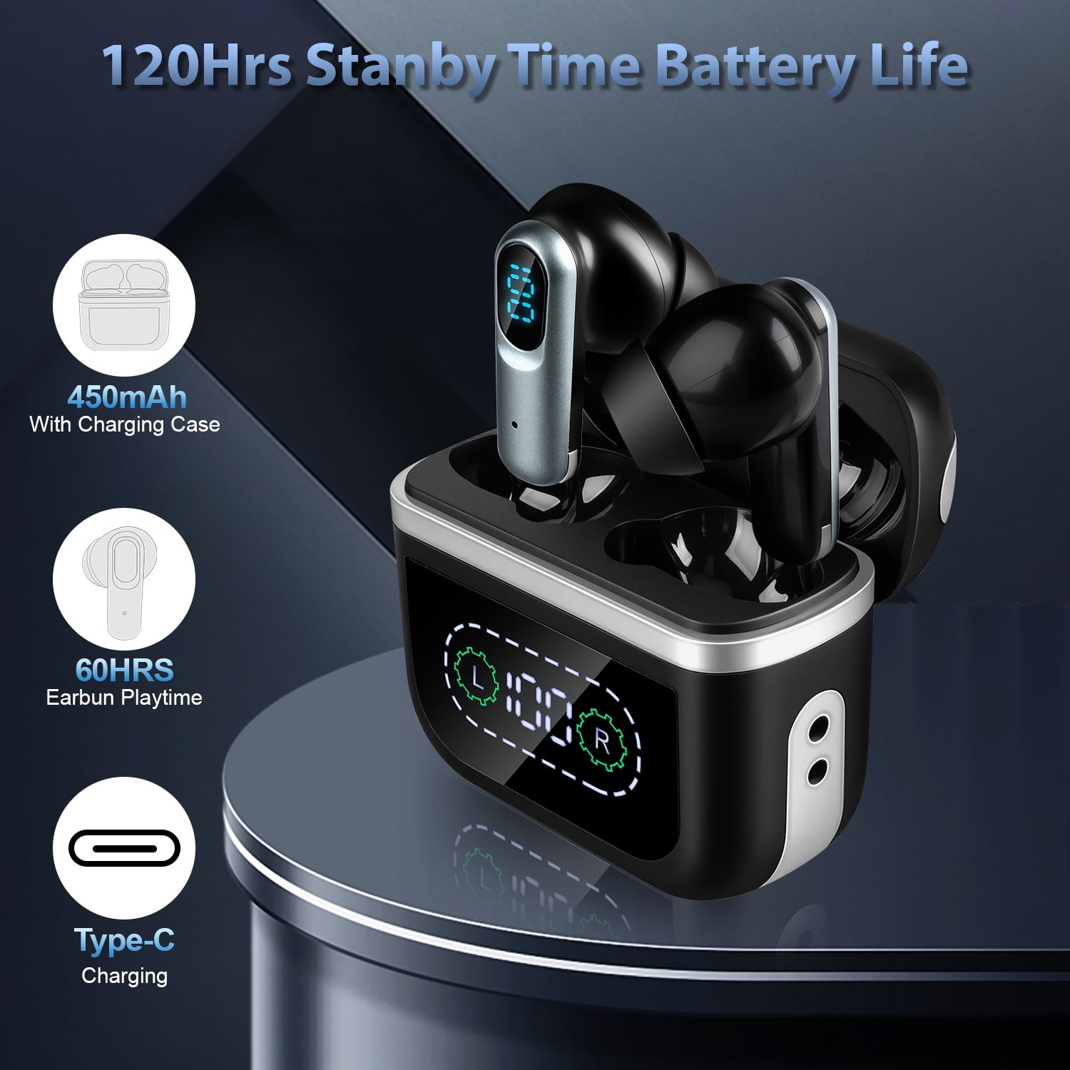 Wireless Earbuds for Android with Strap,Bluetooth 5.4 Earbuds Headphones Noise Cancelling LED Power Display Dual Mic w Charging Case Headphone Wireless Earbuds Compatible with iPhone/Android,Black