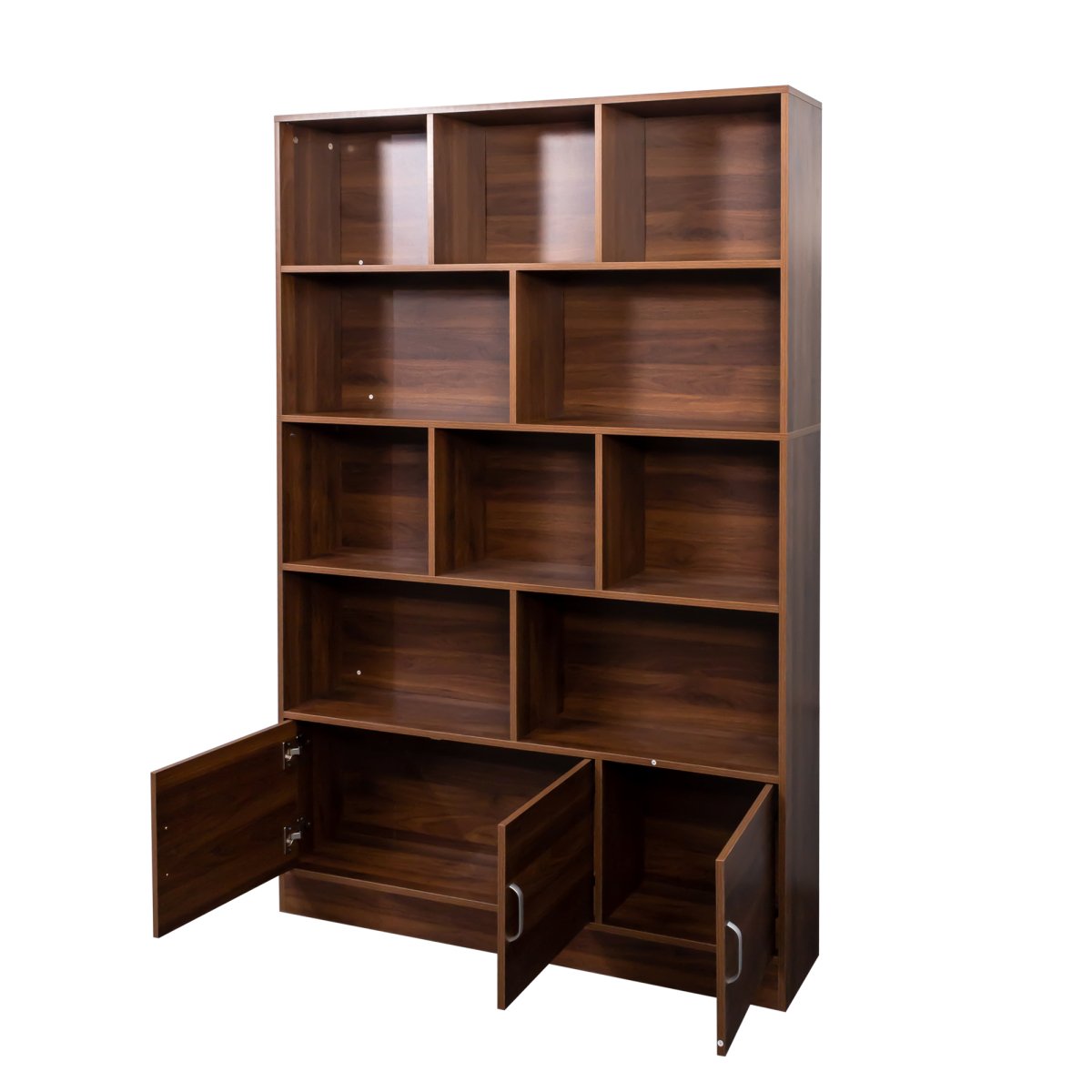 71" Tall Wooden Bookcase, Mid Century Modern Bookshelf with 5-Tier Storage, 3 Doors Open Style Display Shelf W/10 Cubes, Book Shelves Cabinet for Home Office Living Room