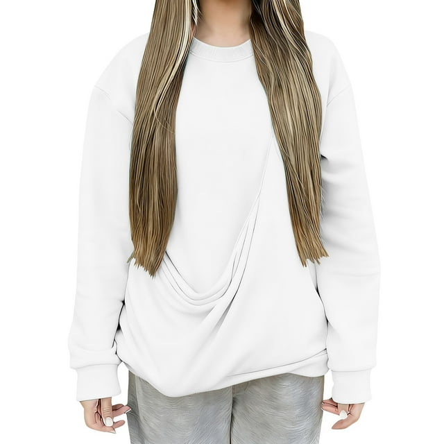 Duoif Chandails d'Automne pour Femmes, Haut de Mode pour Femmes - Chandail Décontracté à Col Rond avec Poche Chandail pour Femmes Blanc G