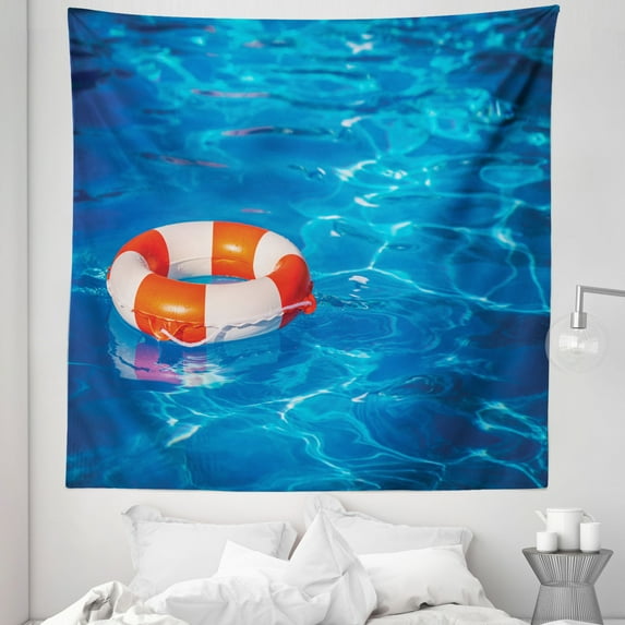 Summer Tapestry, in Crystal Clear Swimming Pool Summer Relaxing Vacation Sports Theme, Fabric Wall Hanging Decor for Bedroom Living Room Dorm, 5 Sizes, Blue Orange White, by Ambesonne