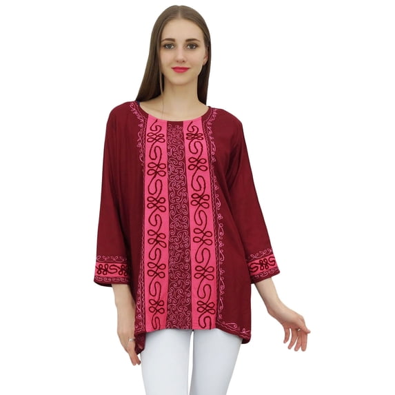 Bimba Women Rayon Maroon Summer Tunic Long Sleeve Embroidery Casual Loose Top-20