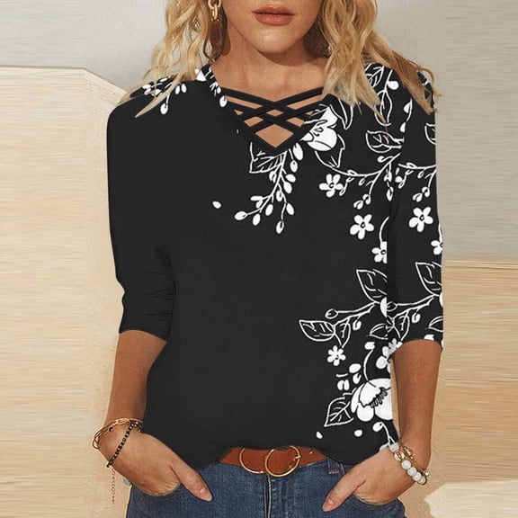 Jesvior Women's Printed V-Neck 3/4 Sleeve Blouse Casual Fashion Tunic Top Round Neck Lightweight Pullover for Home Daily