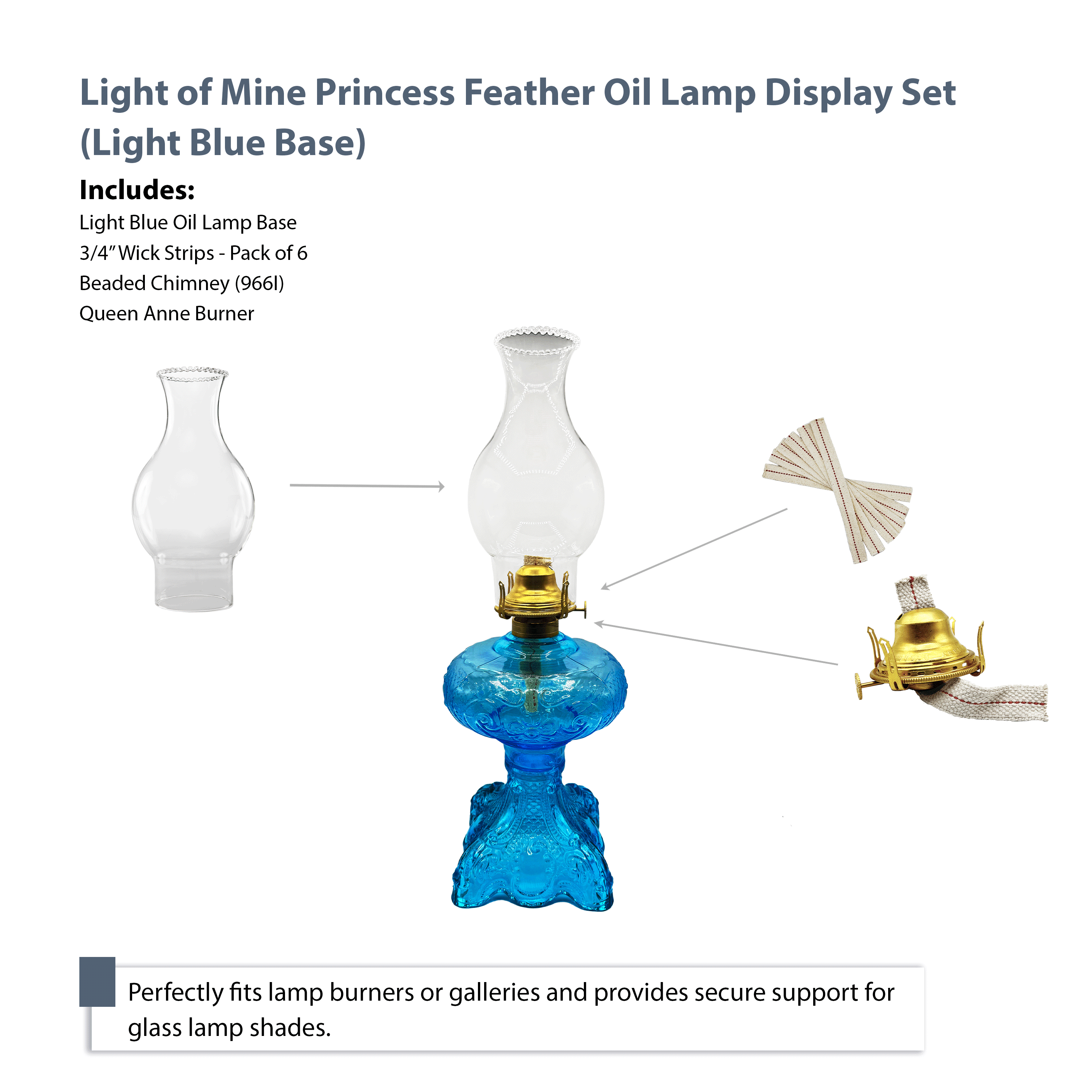 Light Of Mine Princess Feather Oil Lamp Ornate Decorative Antique Pedestal Style Glass Oil Hurricane Lamp Clear with 3/4" Wick roll Light Blue