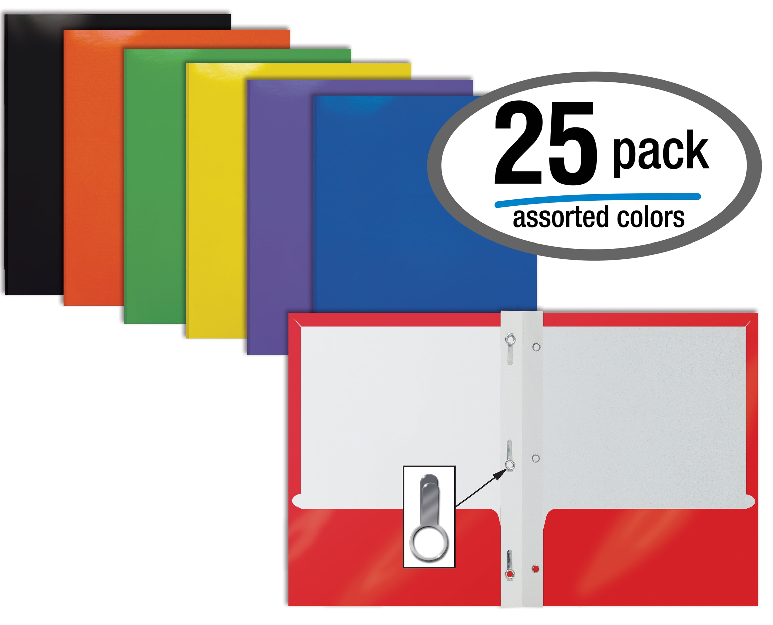 2 Pocket Glossy ASSORTED Paper Folders with Prongs, by Better Office Products, Letter Size, High
