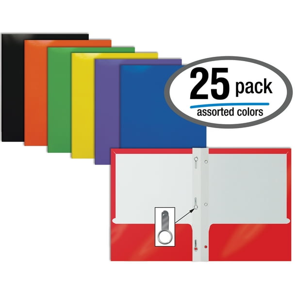 2 Pocket Glossy ASSORTED Paper Folders with Prongs, by Better Office