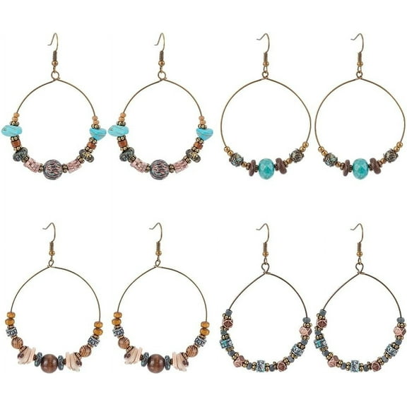 4 Pairs Beaded Hoop Earrings Vintage Boho Statement Drop Dangle Earrings Ethnic Beaded Charms Earring for Women Jewelry Gift for Christmas Birthday Valentine's Day