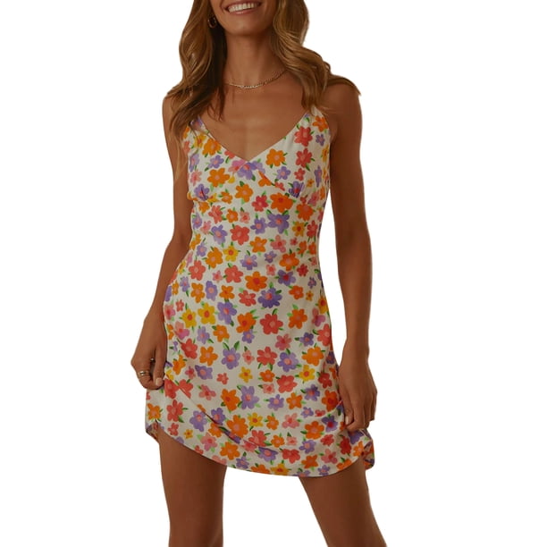 Txlixc Vestido de tirantes para mujer, tirantes finos, cuello en V, estampado de flores, ajustado, minivestido de verano para fiesta de club Txlixc Moda