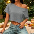 thumbnail image 5 of Womens Off The Shoulder Tops Short Sleeve Solid Crop Tops Casual Loose Summer T Shirt, M, 5 of 5