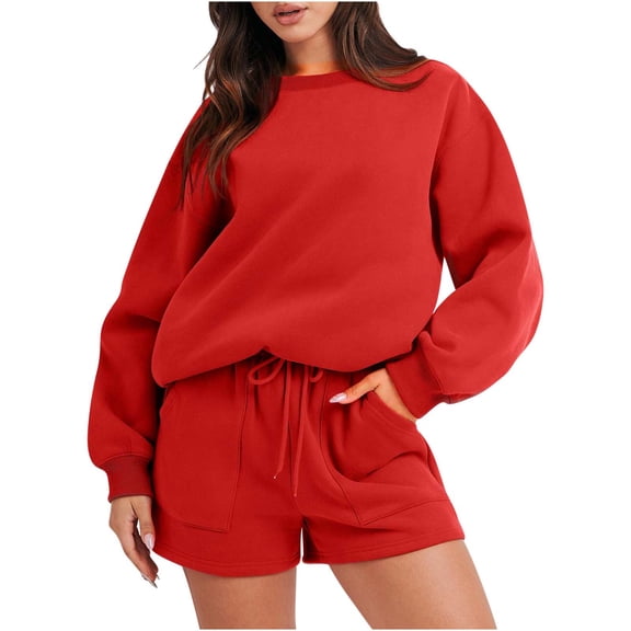 Amkhujs 2 Piece Sets for Women Trendy Crew Neck Oversized Long Sleeve Sweatshirts and Shorts Sets Loungewear Outfits,Red,S