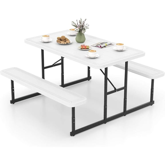 HDPE Outdoor Rectangular Picnic Table Set with 2 Benches, Umbrella Hole, Metal Frame – for Patio, Garden, Lawn