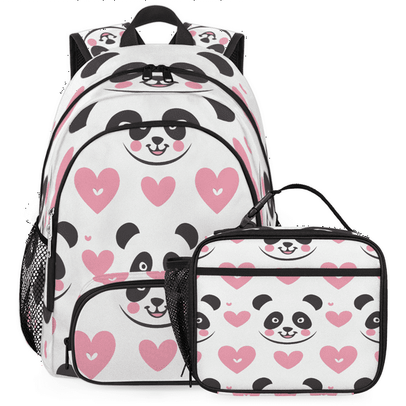 Herdesigns Cute Pandas Backpack with Lunch Box Pink Heart Lightweight Large Travel Work Laptop Backpacks Set Casual Daypacks