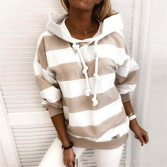 Beige Womens Sweatshirt Women's Autumn and Winter New Fashionable Casual Striped Color Blocking Hoodie Fall Clothes for Women
