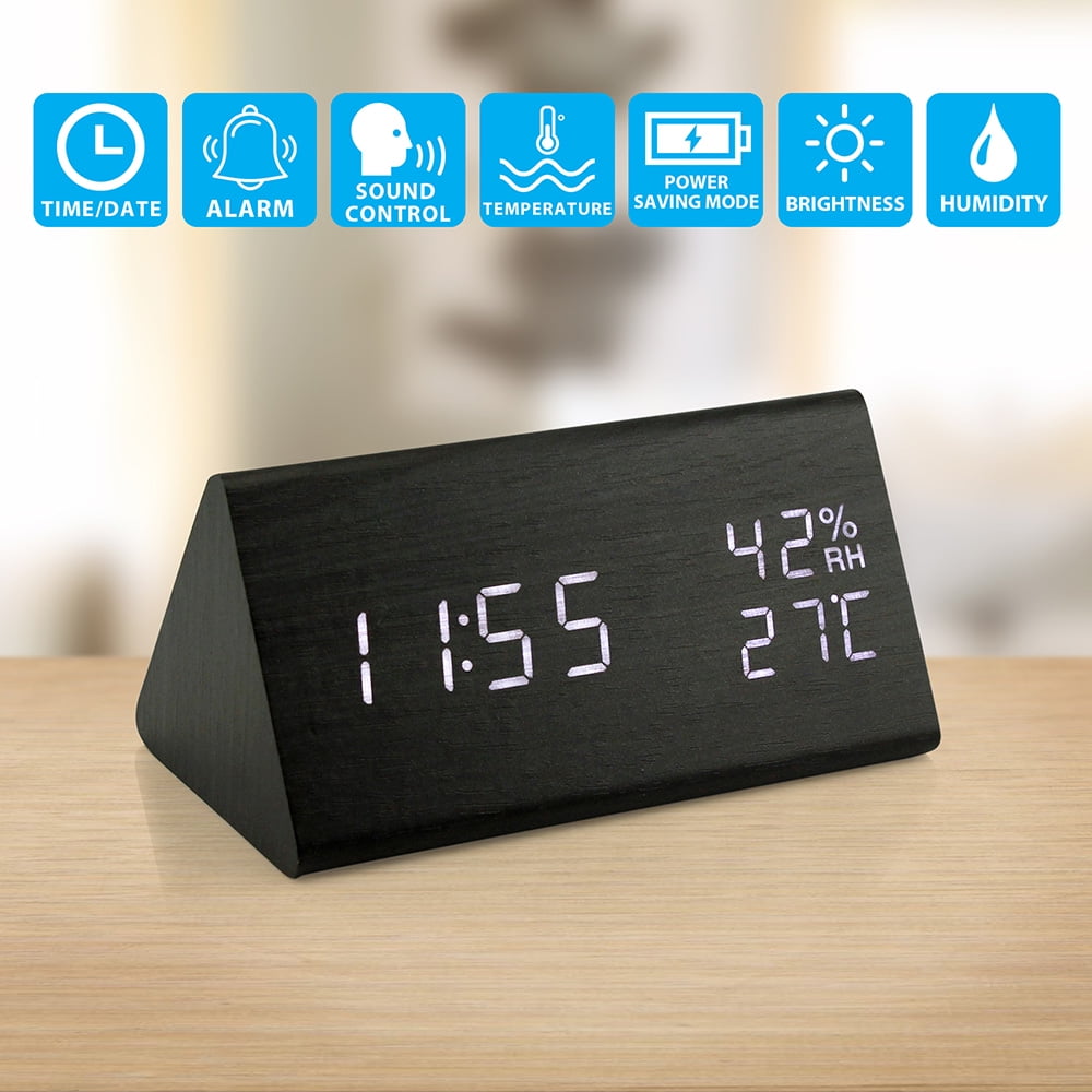 Triangle Minimalist Wood Alarm Clocks for Bedrooms Office Kids EMORE Digital Wood Clock Adjustable 3 Levels Brightness Voice Control Desk Clock USB//Battery Powered LED Clock for Home