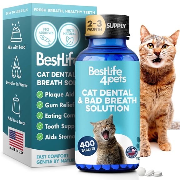 BestLife4Pets Cat Dental Care & Bad Breath Supplement Relief for Stomatitis, Gingivitis & Gum Problems Easy-to-Use Pills
