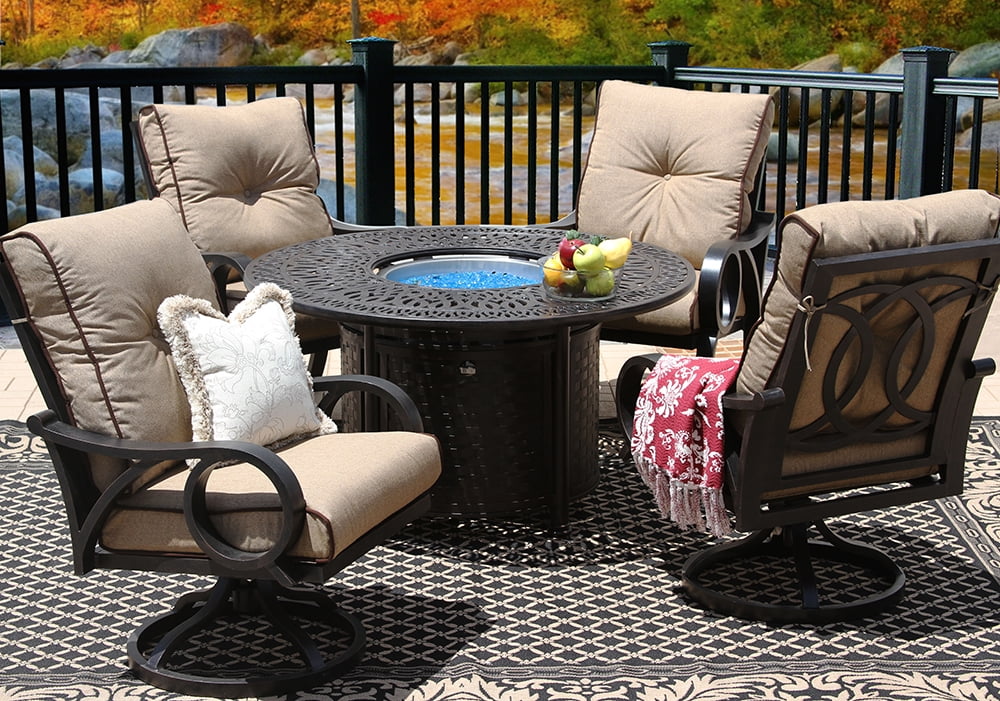 Channel Cast Aluminum Outdoor Patio 5pc Set 52 Inch Round Fire Table