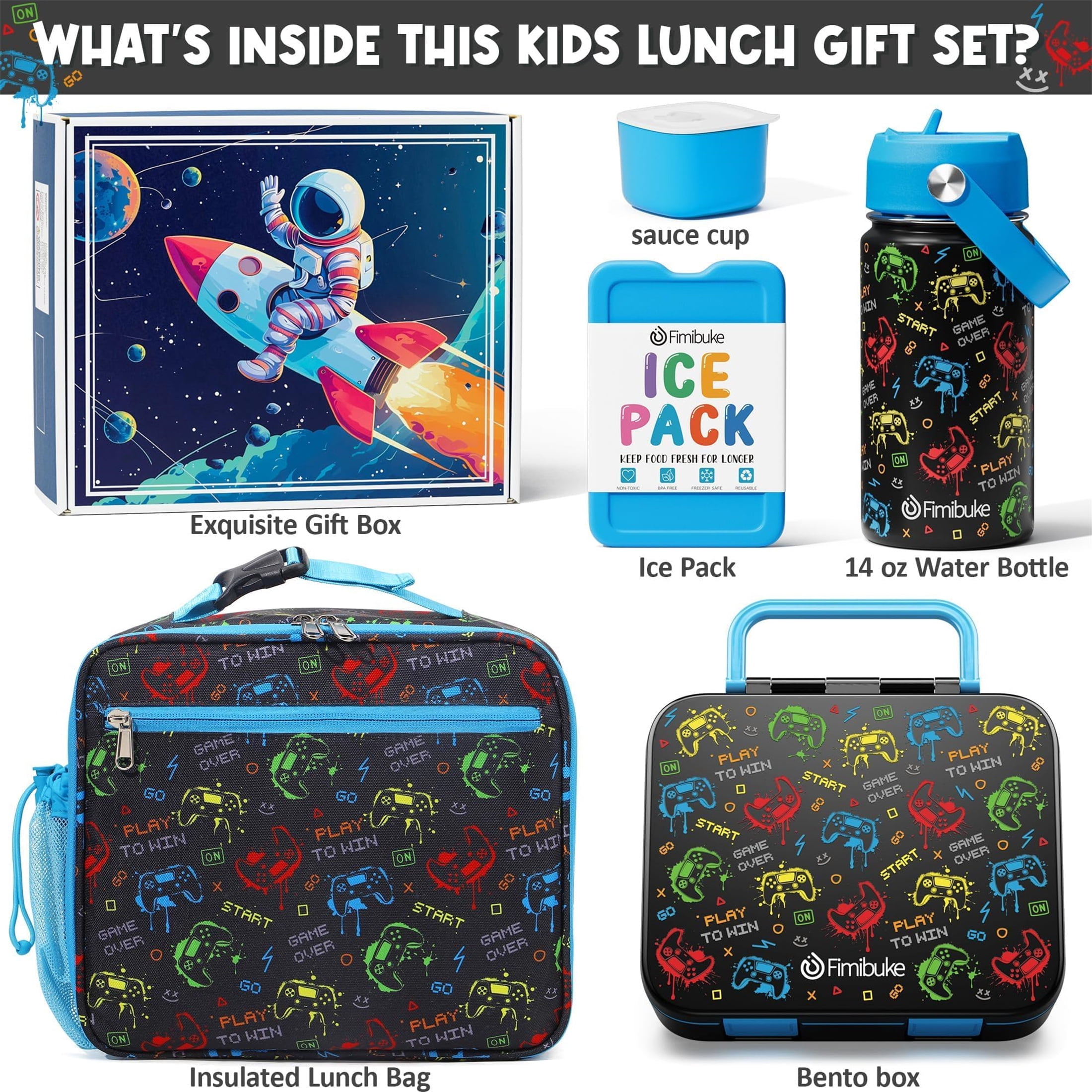 Bento Lunch Box Set - Snack Bento Box Container with 3 Compartments, Stainless Steel Water Bottle, Insulated Lunch Bag, Sauce Cup, Ice Pack Set (Gamepad)