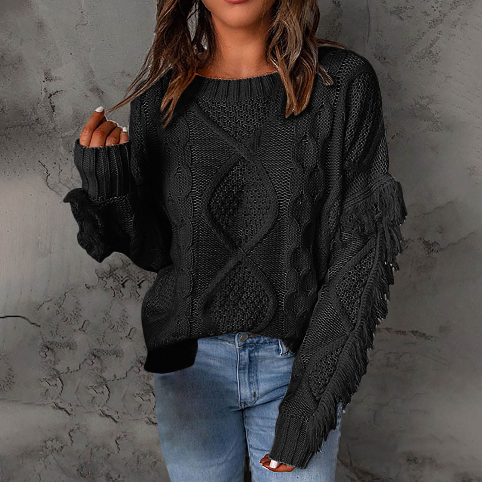 Women Casual Crew Neck Sweater Vintage Printing Waffle Knit Long