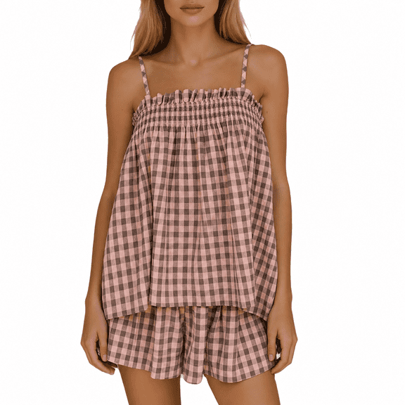 IYYVV Women 2 Piece Gingham Shorts Set Sleeveless Babydoll Cami Top Matching Shorts Pajama Sets Two-Piece Summer Outfit Purple Pink L