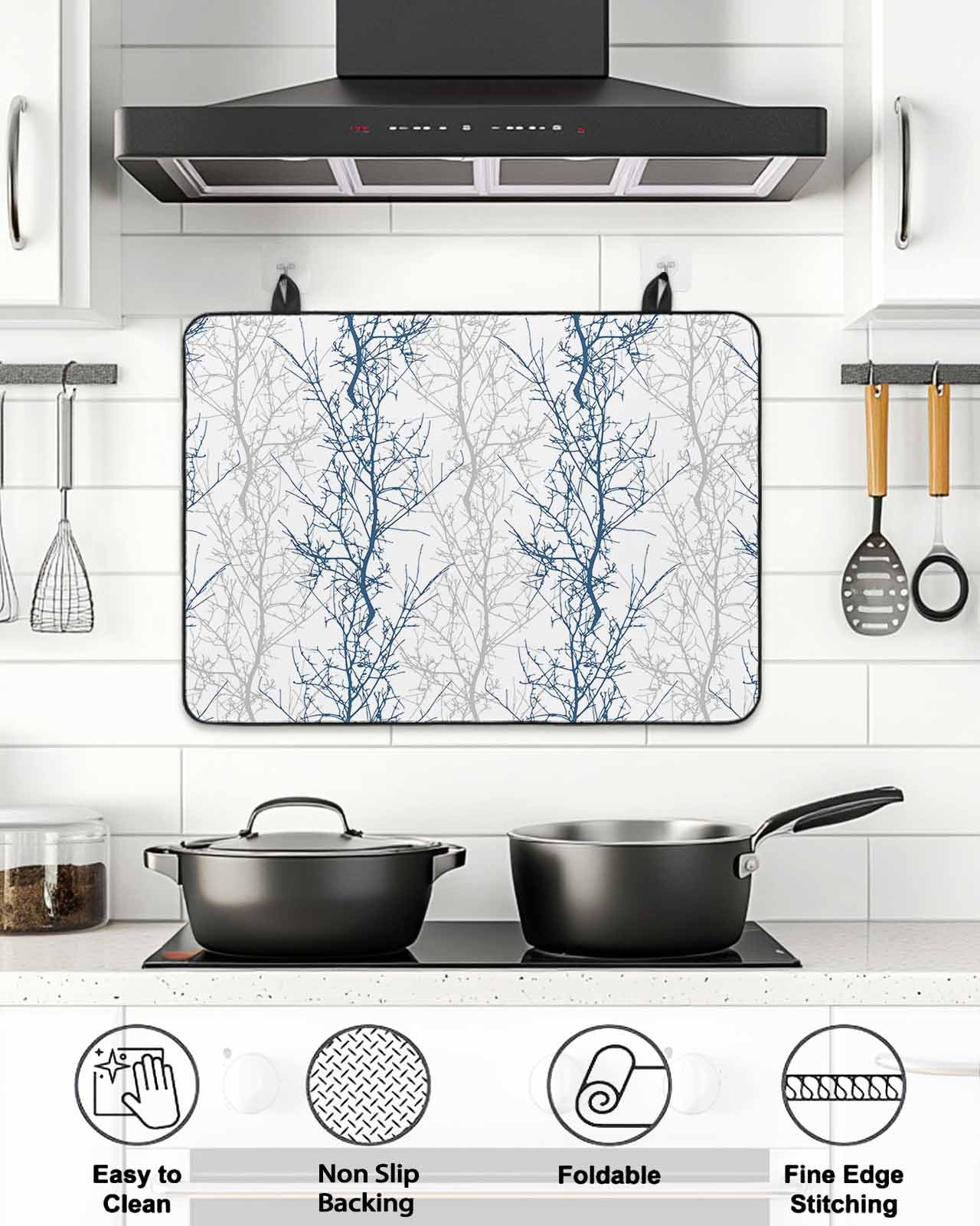 Stove Top Covers for Electric Stove, Navy Blue Grey Branch Glass Stovetop Cover Protector, Spring Summer Pastoral Botanical Induction Cooktop Protector Oven Mat for Kitchen Countertop 24"x21"