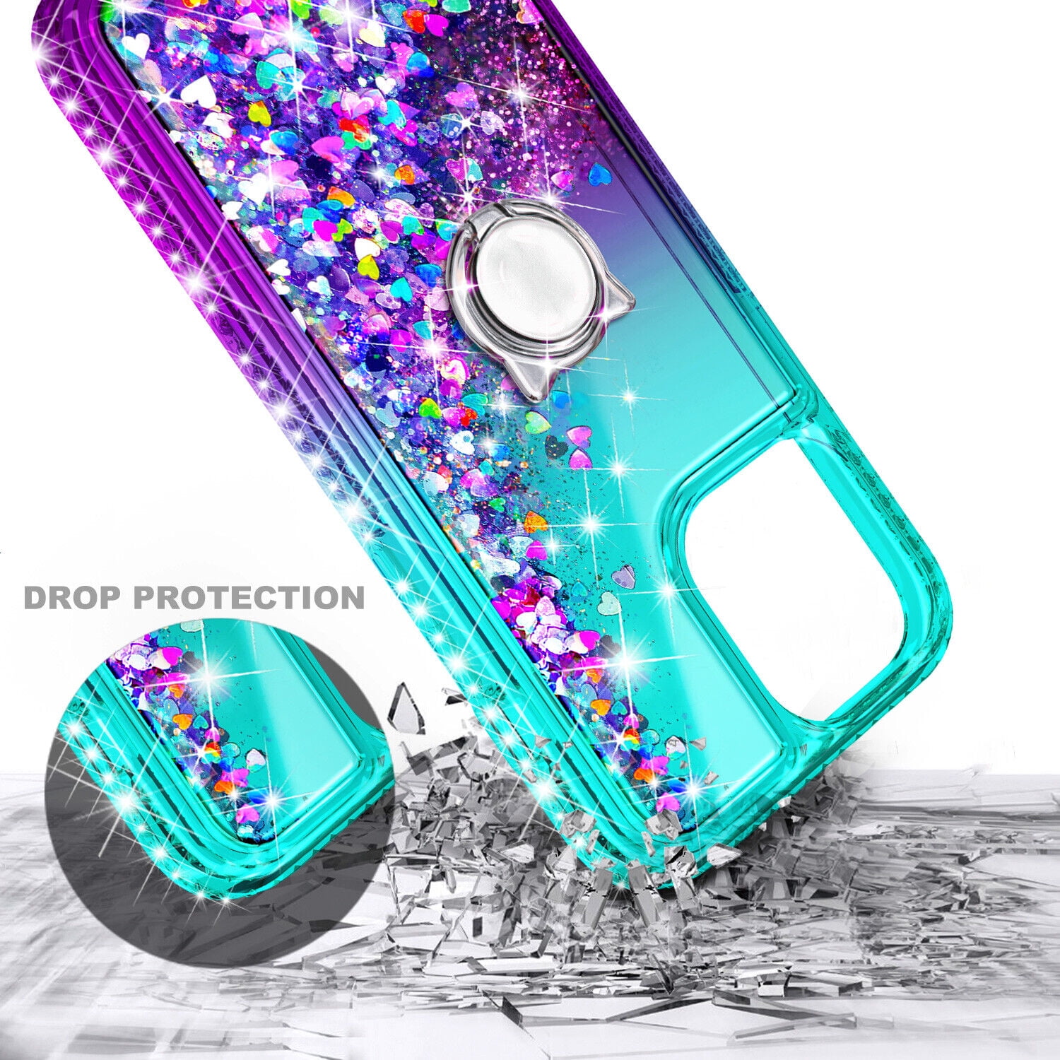 Case for iPhone 14 Pro Max, Moving Liquid Holographic Glitter Case with Kickstand, Women Slim Protective Case, Green&Purple