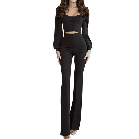 Njoeus Women's Elegant 2 Piece Outfits Long Sleeve V Neck Crop Top High Waist Bodycon Flared Long Straight Pants Set Party Clubwear Jumpsuits Romper