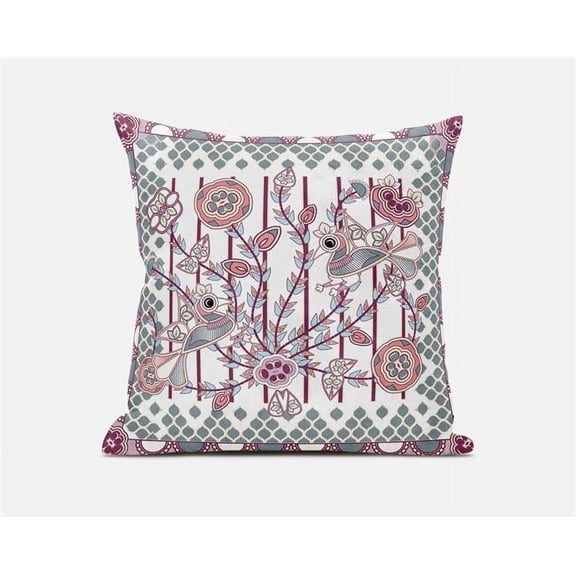Amrita Sen Designs  26 x 26 in. Pond Peacock Broadcloth Indoor & Outdoor Zippered Pillow - White & Magenta