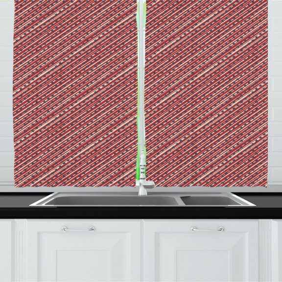 4th of July Kitchen Curtains, Patriotic Stars and Repeated Stripes in Diagonal Pattern Design, Two Panels Drapes with Rod Pocket Room Decor, 55" X 45", Blush Rust Dark Lavender, by Ambesonne