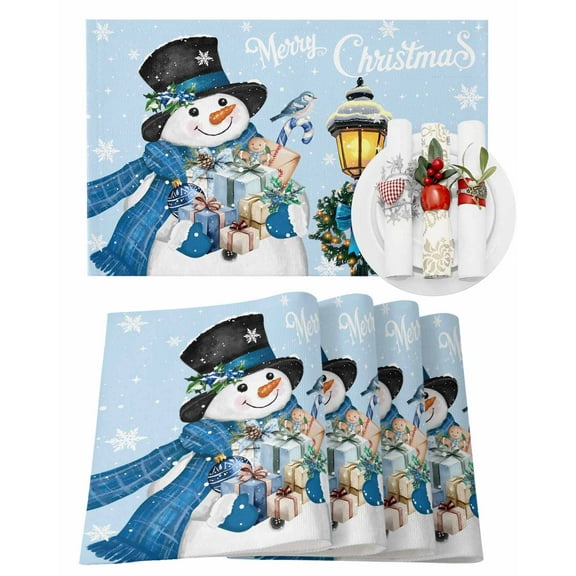 Christmas Placemats Set of 6, Snowman Place Mats Bird Snowflake Street Lights Wreath Placemat Table Decoration for Kitchen Table Dinner Xmas Holiday Party Home Decor Indoor Outdoor 13x19 Inch