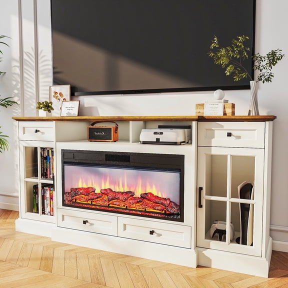 FIAKOA 70” electric Fireplace TV Stand for 75" TVs, Fireplace Entertainment Center with LED Lights,White TV Stand with 34" Fireplace for Living Room