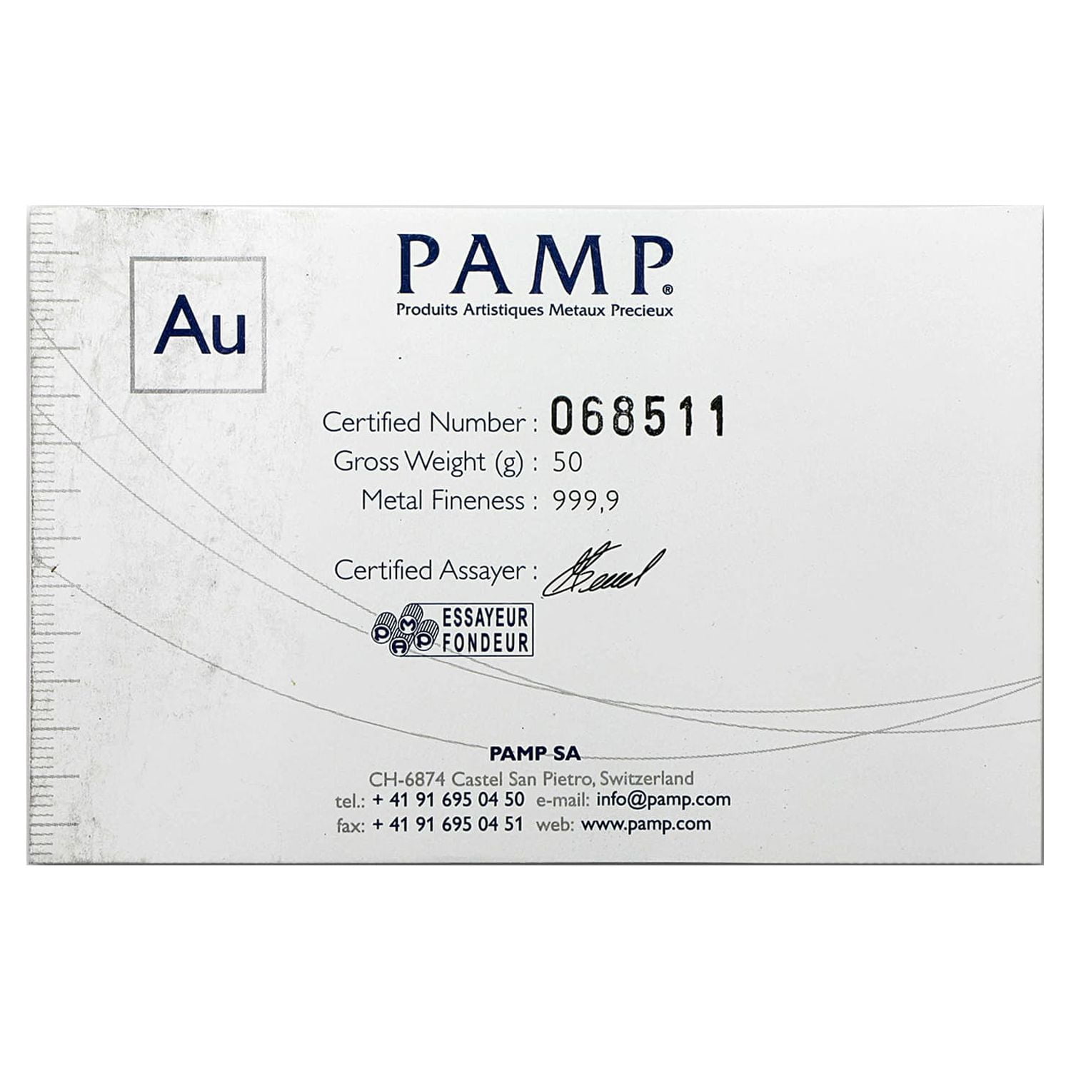 50 gram Gold Bar - PAMP Suisse (Cast, w/Assay)