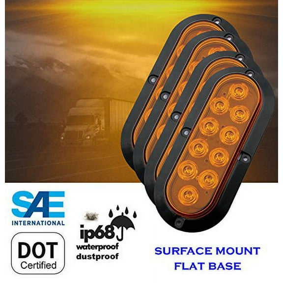 Set of 4 Pcs Amber Yellow 6" Oval LED Light Waterproof Surface Mount Turn Tail Signal Parking for Truck Trailer Tractor Jeep RV Flat Base DOT SAE Approved