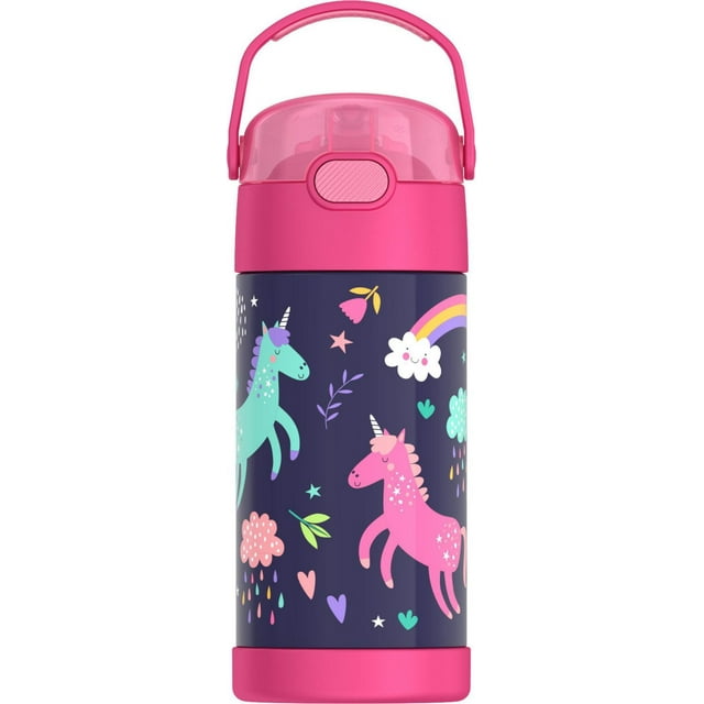 Thermos Kids Vacuum Insulated Funtainer Water Bottle with Flip Up Straw, 355ml, with navy blue body decorated with pink and teal unicorns, stars, hearts, clouds with raindrops, and a rainbow, topped by a pink push-button lid and carrying handle, suitable for keeping beverages cold on the go.
