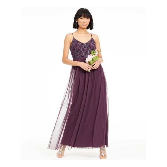 ADRIANNA PAPELL Womens Purple Sheer Zippered Spaghetti Strap Scoop Neck Maxi Evening Fit Flare Dress 4