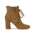 thumbnail image 3 of BLISSFUL STEP Women's Round Toe Ruffle Decor Block Heel Ankle Boots Brown 10, 3 of 7