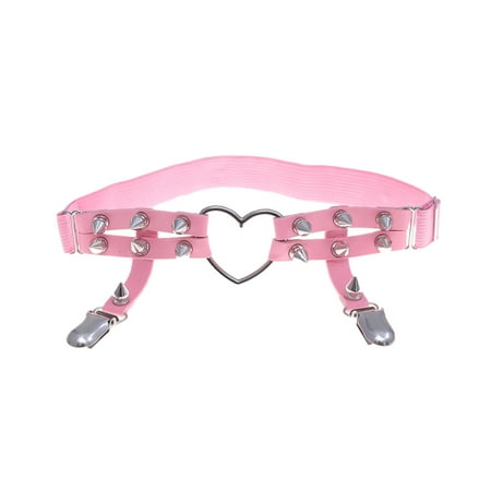 

Adjustable PU Leather Harness Gothic Punk Style Heart Shape Rivets Double Row Leg Garter Leg Belt Suspender for Women (Pink Free