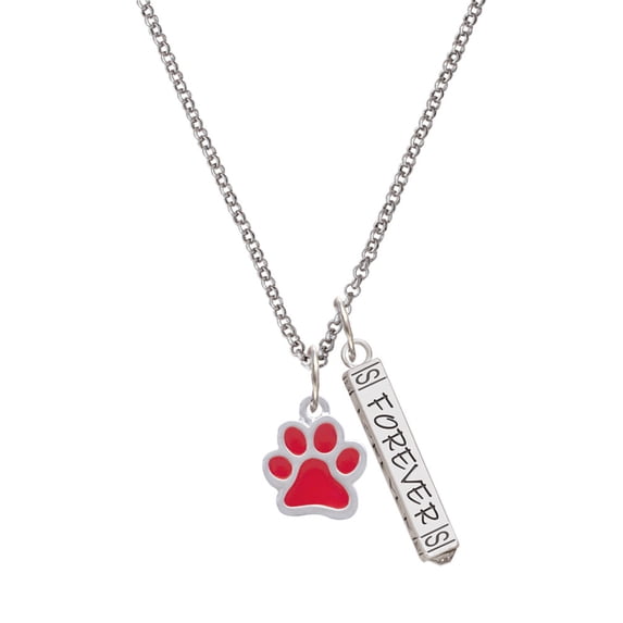 Delight Jewelry Silvertone Medium Translucent Red Paw Silvertone Forever Bar Charm Necklace, 23"
