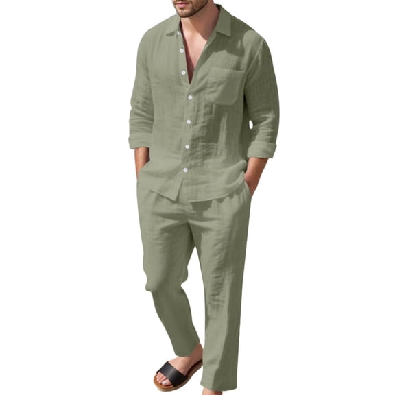 CONFREE Mens 2 Peice Linen Pant Sets Casual Men's Jogging Tracksuit Set Soft Buttons Shirts Pants Beach Vacation Outfits for Men