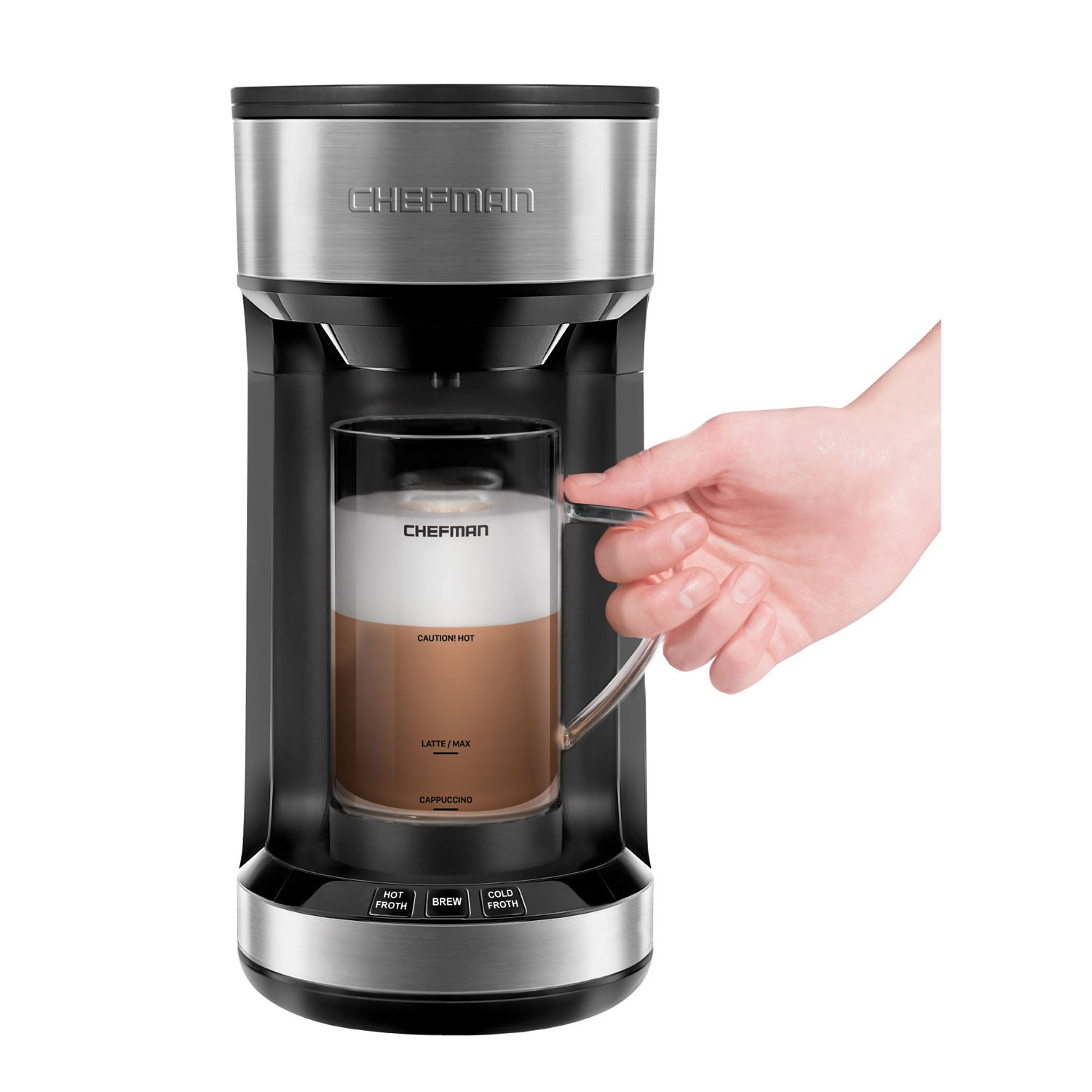 Chefman Froth + Brew Coffee Maker, K-Cup Pods & Grounds, Compact 20 oz, Mug & Filter Included