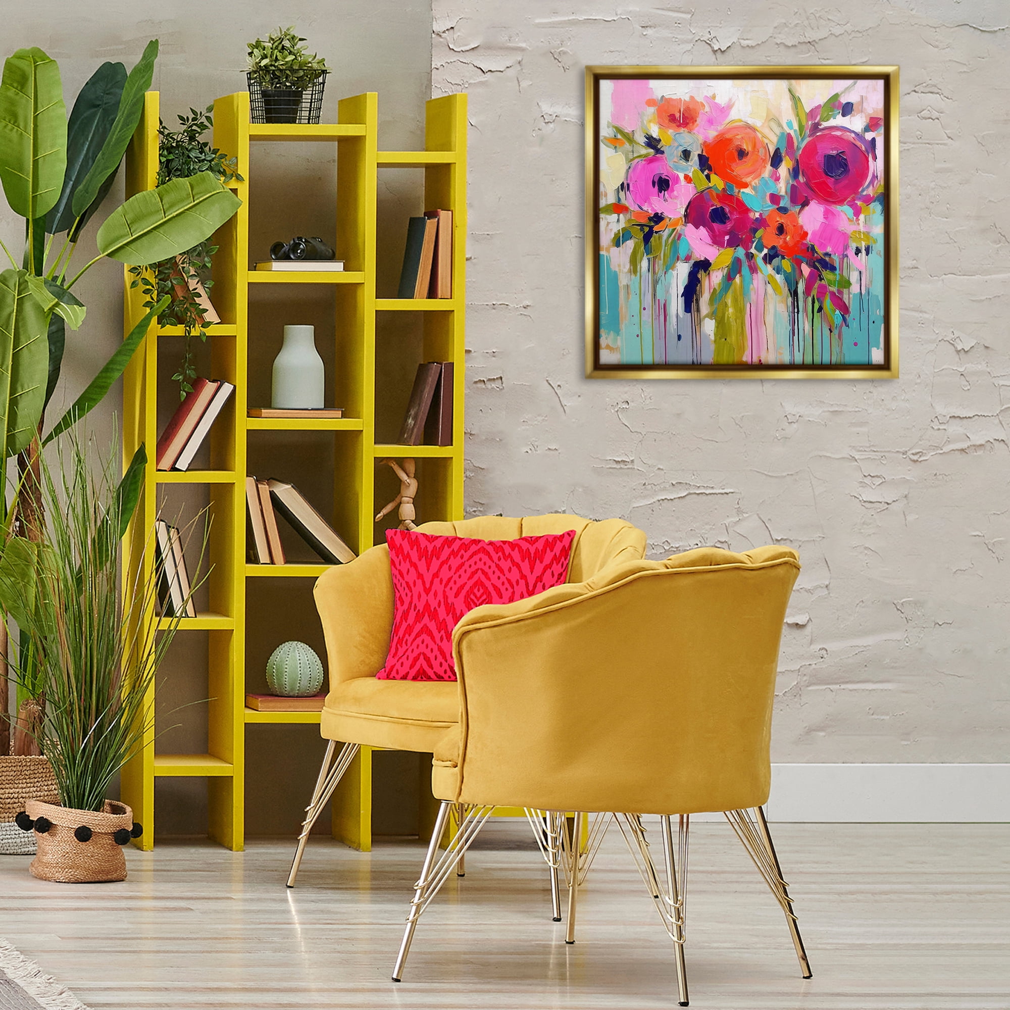 Stupell Industries Bold Drip Roses Plants & Flowers Painting Gold Floater Framed Canvas Art Print Wall Art, 25 x 25