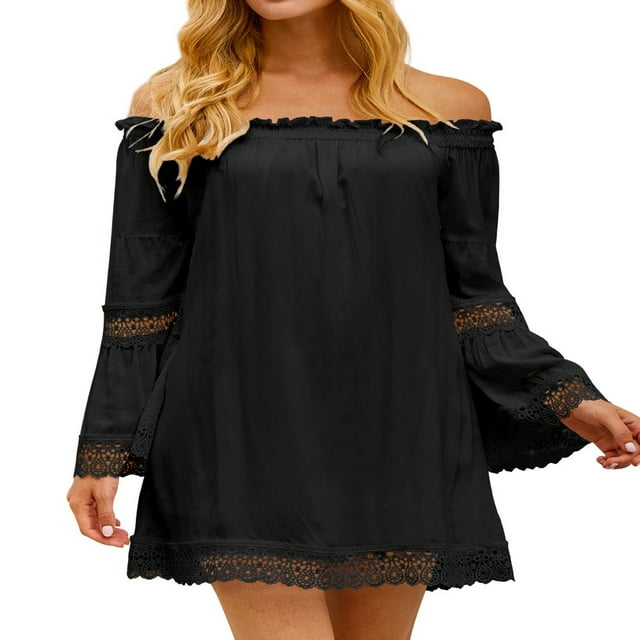 Robe Mini Décontractée à Manches Cloche Élastiques en Dentelle pour Femmes