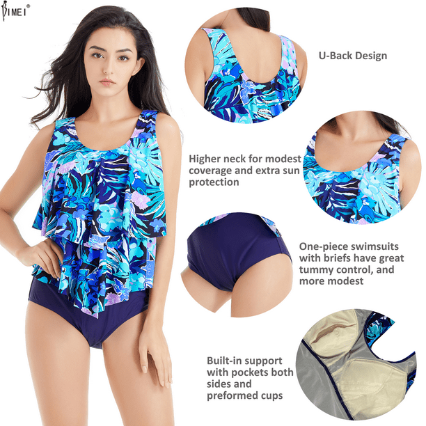 BIMEI One Piece Mastectomy Swimsuits for Women Pocketed Bathing Suits  Floral Print Tummy Control Plus Size Beach Swimwear with Briefs 991,Blue,L  