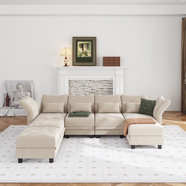 LLappuil Canapé Sectionnel Modulaire, Canapé Sectionnel Modulaire 7 Places avec Rangement, Canapé en Chenille 25.6 Pouces pour Salon Kaki