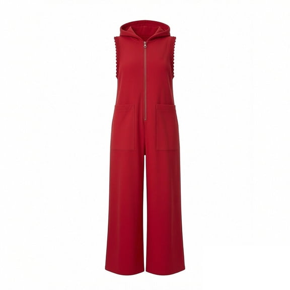 Guluxicc Womens One Piece Jumpsuit Sleeveless Hooded V-Neck Zipper Front Loose Fit Jumpsuit with Pockets