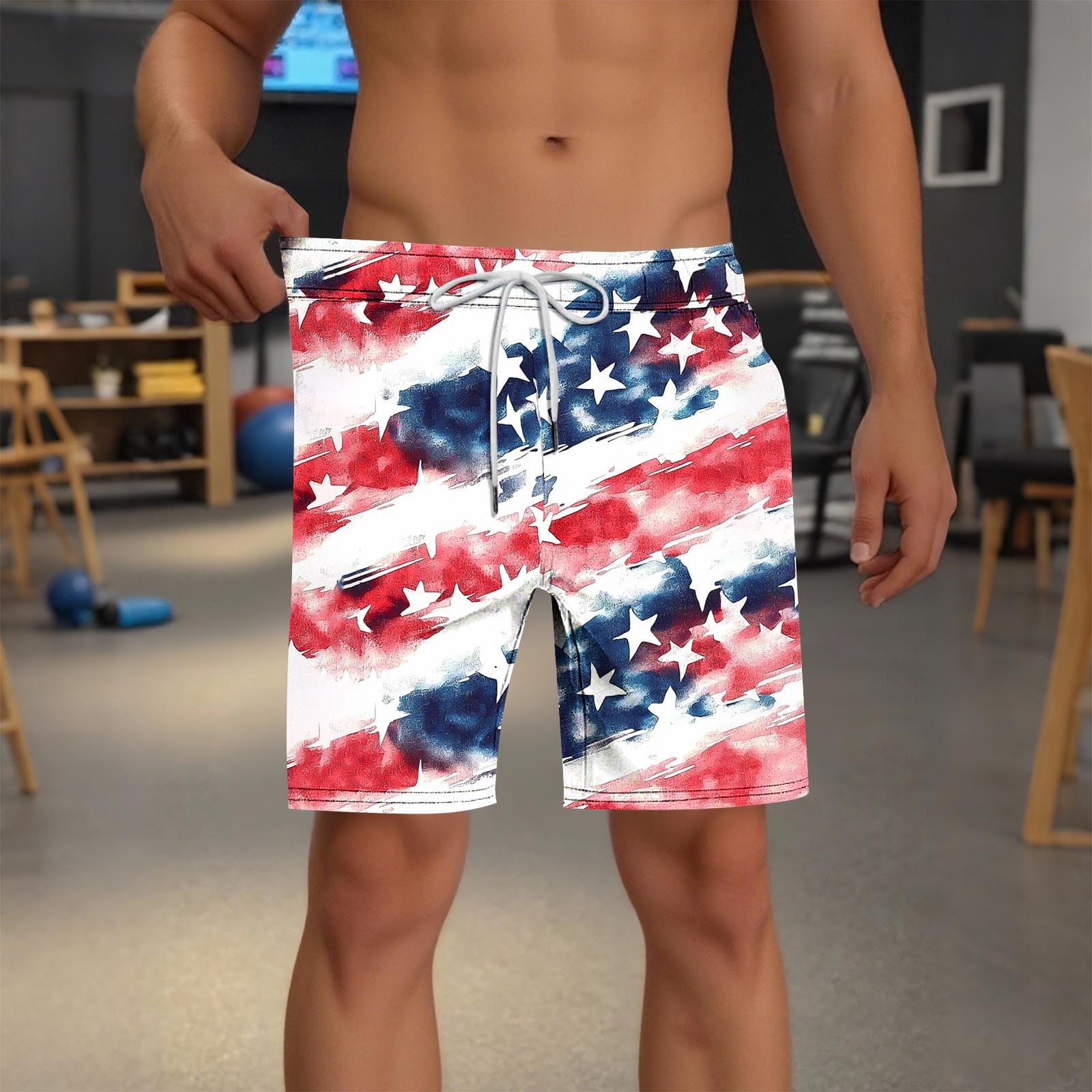 WAENQINLA Mens American USA Flag Swim Trunks with Liner Quick Dry Elastic Waist Drawstring Bathing Suits Summer Low Waist Swim Shorts
