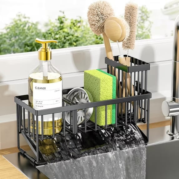 Kitchen Sink Caddy, Sponge Holder and Sink Organizer with Brush Holder, Black