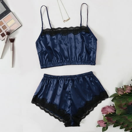 

Rewenti New Sexy Lace Lingerie Silk Underwear Sleepwear Underwear Pajamas Satin Blue L(L)