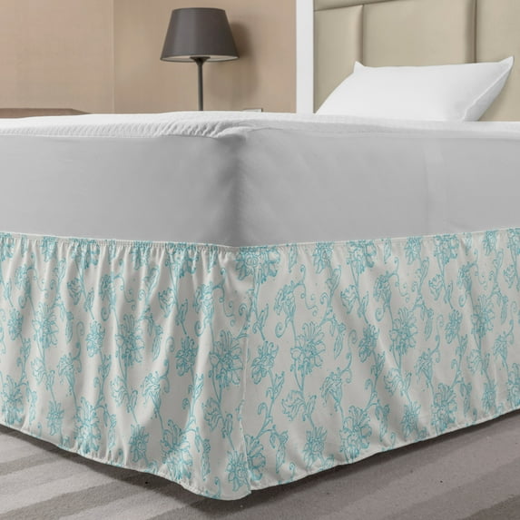 Botanical Bed Skirt, Detailed Intricate Floral Ornaments Romantic Pure Tones Illustration, Elastic Bedskirt Dust Ruffle Wrap Around for Bedding Decor, 4 Sizes, Pale Blue and Off White, by Ambesonne