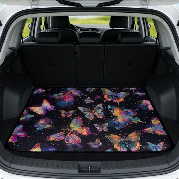 Yspwyqan Universal Car Trunk Mat 29" x 39", Glowing Galaxy Butterfly Grip-Backed Season-Ready Cargo Liner, Trendy Auto Interior Accessory Fits Most Sedans SUVs Wagons for Road