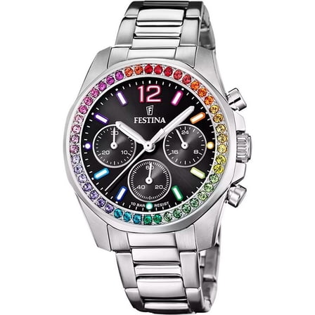 Festina Rainbow Chronograph Crystal Accents Stainless Steel Black Dial Quartz F20606-3 100M Women's Watch