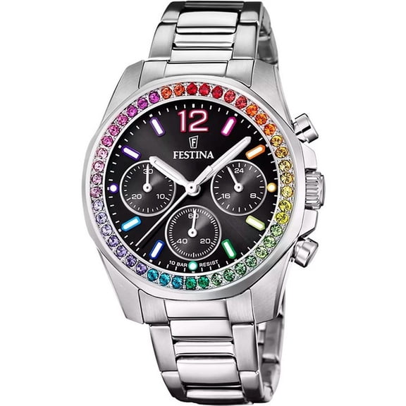 Festina Rainbow Chronograph Crystal Accents Stainless Steel Black Dial Quartz F20606-3 100M Women's Watch
